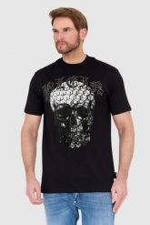 PHILIPP PLEIN Czarny t-shirt zdobiony dżetami z czaszką i logo. Czarne t-shirty męskie Philipp Plein, l, z aplikacjami, bez kołnierzyka, bez ramiączek. W wyprzedaży za 2,599.99 zł.