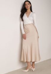 Beżowa Satynowa Spódnica z Lekko Rozkloszowanym Dołem Zinnemira. Brązowe spódnice damskie Born2be, l, bez wzorów, z satyny, eleganckie, maxi, rozkloszowane. Za 89.99 zł.