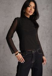 Czarna Siateczkowa Bluzka Longsleeve z Golfem o Dopasowanym Kroju Yenlea. Czarne bluzki damskie Renee, l, bez wzorów, z materiału, bez kołnierzyka, bez ramiączek. Za 79.99 zł.