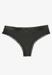 Ciemnozielone Bawełniane Majtki o Kroju Stringów Ozdobione Koronką i Gumką w Paski Torllana. Zielone majtki damskie Renee, z bawełny. Za 4.99 zł.