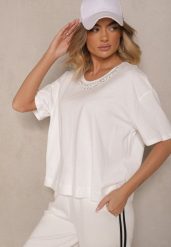 Biały T-shirt z Bawełny z Cyrkoniami Fadeola. Białe t-shirty damskie Renee, l, bez wzorów, z bawełny, eleganckie, bez kołnierzyka, bez ramiączek. Za 39.99 zł.