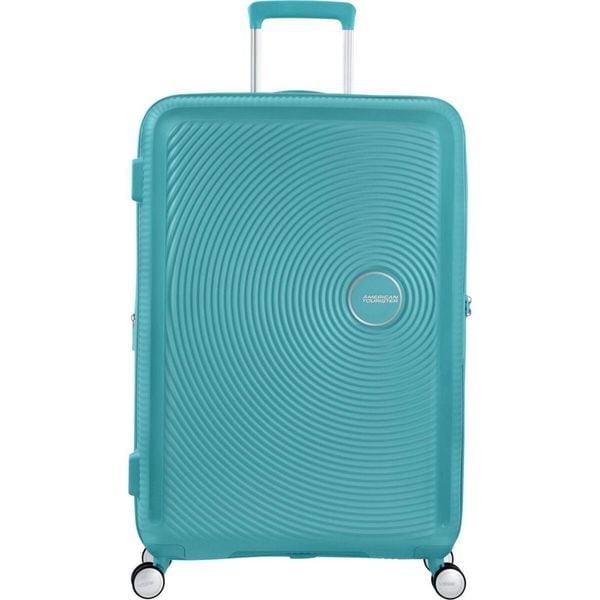Walizka turystyczna Soundbox Spinner 77 TSA EXP 97L. Niebieskie walizki damskie American Tourister, bez wzorów. Za 759.30 zł.