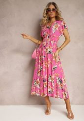 Różowa Kopertowa Sukienka w Kwiaty z Gumką w Talii Nobbia. Czerwone sukienki damskie Renee, na co dzień, l, bez wzorów, z bawełny, bez kołnierzyka, bez ramiączek, midi, kopertowe. Za 49.99 zł.