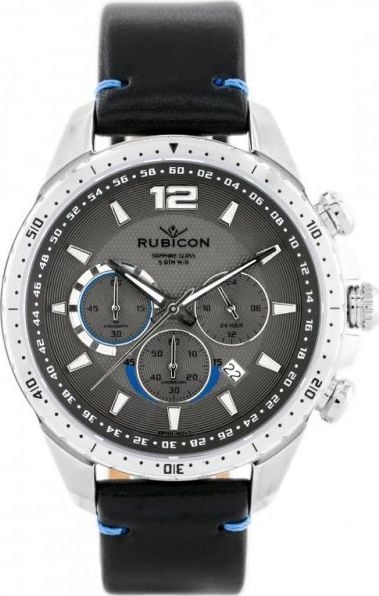 Zegarek Rubicon ZEGAREK MĘSKI RUBICON RNCD98 - CHRONOGRAF (zr095c) black/silver. Czarne zegarki męskie Rubicon, bez wzorów. Za 387.01 zł.