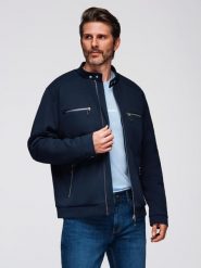 Męska kurtka typu biker ze stójką i kieszeniami – granatowa V1 - Rozmiar: L. Niebieskie kurtki męskie Ombre Clothing, l, bez wzorów, z materiału, bez kaptura. Za 309.99 zł.