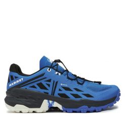 Trekkingi Mammut. Niebieskie botki męskie Mammut, bez wzorów, sportowe, bez obcasa, bez zapięcia. Za 689.99 zł.