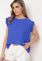 Granatowa Koszulka Top Plisowany z Krótkim Rękawem Cevaga. Niebieskie bluzki damskie Born2be, l, bez wzorów, z bawełny, eleganckie, bez kołnierzyka, bez ramiączek. Za 39.99 zł.