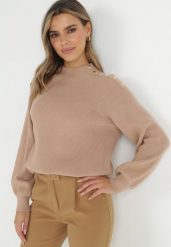 Beżowy Sweter Dzianinowy z Długim Rękawem i Guzikami Omes. Brązowe swetry nierozpinane damskie Born2be, bez wzorów, z dzianiny, bez kołnierzyka, bez ramiączek. Za 129.99 zł.