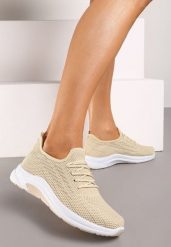 Beżowe Buty Sportowe z Siateczki Zdobione Wiązaniem Salmerus. Brązowe obuwie sportowe damskie Born2be, z aplikacjami, z materiału, z okrągłym noskiem, bez zapięcia. Za 44.99 zł.
