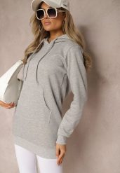 Jasnoszara Bluza z Dodatkiem Bawełny Ozdobiona Sznurkami z Kapturem Mivasia. Szare bluzy damskie Renee, l, bez wzorów, z bawełny, casualowe, bez ramiączek, z kapturem. Za 49.99 zł.