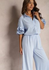 Niebieski Komplet Szerokie Spodnie i Koszula z Falbanami Rivathins. Niebieskie koszule damskie Renee, l, bez wzorów, eleganckie, bez kołnierzyka, bez ramiączek. Za 149.99 zł.