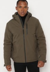 Ciemnozielona Kurtka z Chowanym Kapturem i Kieszeniami na Zatrzask Hedinia. Zielone kurtki męskie Born2be, l, bez wzorów, eleganckie. Za 189.99 zł.
