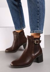 Brązowe Botki w Stylu Sztybletów z Gumką i Ozdobną Klamrą Lerisas. Brązowe botki damskie Born2be, bez wzorów, z jeansu, eleganckie, bez obcasa, na obcasie, bez zapięcia. Za 119.99 zł.