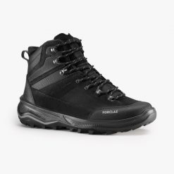 Buty trekkingowe męskie MT100 skóra. Czarne buty zimowe męskie FORCLAZ, bez wzorów, z kauczuku, bez obcasa, bez zapięcia. Za 349.99 zł.