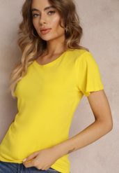 Żółty Bawełniany T-shirt Melinthe. Żółte t-shirty damskie Renee, l, bez wzorów, z bawełny, bez kołnierzyka, bez ramiączek. Za 24.99 zł.