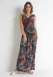 Granatowo-Pomarańczowa Sukienka Euphiche. Niebieskie sukienki damskie Born2be, l, z aplikacjami, boho, bez kołnierzyka, bez ramiączek, maxi, kopertowe. Za 29.99 zł.