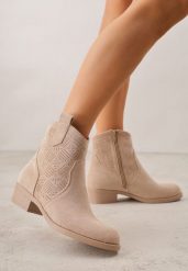Ciemnobeżowe Ażurowe Botki na Słupku Typu Kowbojki Iolerine. Brązowe botki damskie Renee, w ażurowe wzory, z jeansu, bez obcasa, na płaskiej podeszwie, bez zapięcia. Za 129.99 zł.