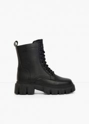 Kozaki sznurowane Tom Tailor, z profilowaną wkładką. Czarne kozaki damskie bonprix, bez wzorów, bez obcasa, na platformie, bez zapięcia. Za 219.99 zł.