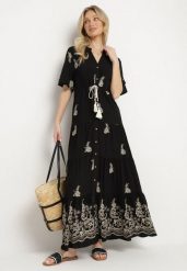 Czarna Wiskozowa Sukienka Boho o Rozkloszowanym Kroju z Haftem i Wiązaniem Lilvanis. Czarne sukienki damskie Born2be, na co dzień, l, bez wzorów, z jeansu, boho, bez kołnierzyka, bez ramiączek, maxi, rozkloszowane. Za 139.99 zł.