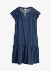 Jeansowa sukienka tunikowa z bawełny. Niebieskie sukienki damskie bonprix, bez wzorów, z bawełny, bez kołnierzyka, bez ramiączek. Za 159.99 zł.