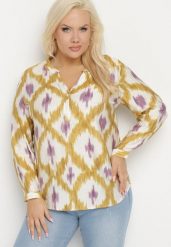 Żółta Koszula z Wiskozą w Geometryczny Wzór z Dekoltem w Serek Evelivia. Żółte koszule damskie Born2be, plus size, bez wzorów, z jeansu, eleganckie, bez kołnierzyka, bez ramiączek. Za 69.99 zł.