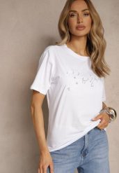 Biały Bawełniany T-shirt Zdobiony Haftowanym Napisem z Cekinami Ulionis. Białe t-shirty damskie Renee, m, z aplikacjami, z bawełny, eleganckie, bez kołnierzyka, bez ramiączek. Za 39.99 zł.