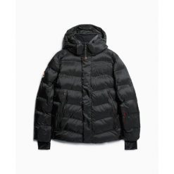 Kurtka narciarska Superdry. Czarne kurtki sportowe męskie Superdry, l, bez wzorów, z puchu, bez kaptura, narciarskie. W wyprzedaży za 1,088.35 zł.