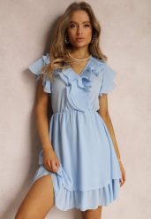 Niebieska Sukienka Canolea. Niebieskie sukienki damskie Renee, bez wzorów, z tkaniny, bez kołnierzyka, bez ramiączek, mini, kopertowe. Za 74.99 zł.