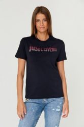 JUST CAVALLI Czarny t-shirt R LOGO CRYSTAL. Czarne t-shirty damskie Just Cavalli, s, bez wzorów, z bawełny, bez kołnierzyka, bez ramiączek. W wyprzedaży za 349.99 zł.