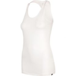 Top damski TSD001 - biały. Białe topy damskie 4F, bez wzorów, bez kołnierzyka, bez ramiączek. W wyprzedaży za 19.99 zł.