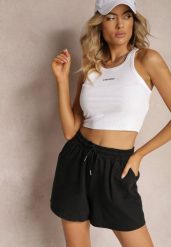 Czarne Dresowe Szorty High Waist z Gumką w Talii Narefia. Czarne szorty damskie Renee, w ażurowe wzory, z dresówki, eleganckie, z podwyższonym stanem. Za 29.99 zł.