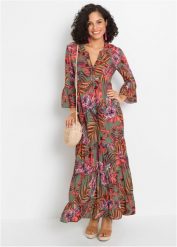 Sukienka maxi z nadrukiem, z lejącej wiskozy. Zielone sukienki damskie bonprix, na lato, bez wzorów, z wiskozy, bez kołnierzyka, bez ramiączek, maxi. Za 159.99 zł.