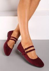 Bordowe Balerinki o Kwadratowym Nosku z Paskami i Eleganckimi Klamerkami Nailan. Czerwone balerinki damskie Renee, z aplikacjami, z jedwabiu, biznesowe, bez obcasa, na obcasie, bez zapięcia. Za 49.99 zł.