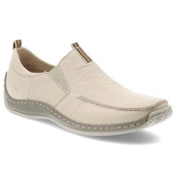 Beżowe Półbuty Rieker Stylowe Wsuwane Obuwie Damskie. Brązowe półbuty damskie Rieker, bez wzorów, ze skóry, eleganckie, bez obcasa, bez zapięcia. Za 269.00 zł.