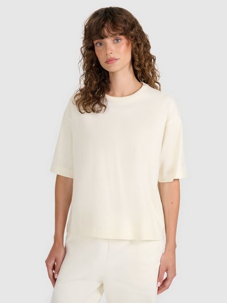 4F T-shirt oversize gładki damski - beżowy XXL. Brązowe t-shirty damskie 4F, xs, bez wzorów, z bawełny, klasyczne, bez kołnierzyka, bez ramiączek. W wyprzedaży za 49.99 zł.