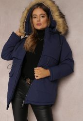 Granatowa Kurtka Parka z Odpinanym Kapturem i Futerkiem Veazee. Niebieskie kurtki damskie Renee, na zimę, l, bez wzorów, z jeansu. Za 169.99 zł.