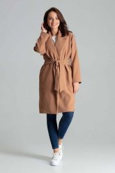 Beżowy Niezapinany Prosty Płaszcz z Paskiem. Brązowe płaszcze damskie Katrus, l, bez wzorów, z materiału, bez kołnierzyka, bez kaptura. Za 389.00 zł.