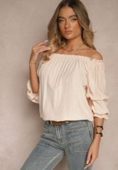 Jasnoróżowa Bluzka z Wiskozą Ozdobiona Falbanami Melzivia. Czerwone bluzki damskie Renee, bez wzorów, z wiskozy, eleganckie, bez kołnierzyka, bez ramiączek. Za 44.99 zł.