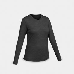 Koszulka trekkingowa damska Forclaz Travel 500 merino. Czarne bluzki damskie FORCLAZ, l, bez wzorów, z jersey, sportowe, bez kołnierzyka, bez ramiączek. Za 129.99 zł.