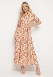 Jasnobeżowa Koszulowa Sukienka z Podwijanymi Rękawami Zapinana na Guziki z Paskiem w Pasie Illnara. Brązowe sukienki damskie Born2be, na co dzień, l, bez wzorów, eleganckie, bez kołnierzyka, bez ramiączek, koszulowe. Za 49.99 zł.