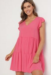Różowa Rozkloszowana Sukienka z Bawełny Ozdobiona Falbankami Natiriane. Czerwone sukienki damskie Born2be, na co dzień, na lato, l, bez wzorów, z bawełny, eleganckie, bez kołnierzyka, bez ramiączek, mini, rozkloszowane. Za 39.99 zł.