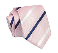 Krawat Jasny Różowy w Granatowo-Białe Paski 7 cm, Elegancki, Klasyczny, Męski -ALTIES. Czerwone krawaty i muchy Alties, bez wzorów, z tkaniny, eleganckie. Za 49.00 zł.