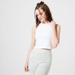 Koszulka bez rękawów damska Domyos Gym & Pilates 520 crop top. Brązowe topy damskie NYAMBA, xl, bez wzorów, z bawełny, sportowe, bez kołnierzyka, bez ramiączek. W wyprzedaży za 29.99 zł.
