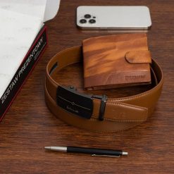 Zestaw prezentowy męski skórzany pasek portfel pudełko premium Beltimore Z52. Brązowe portfele męskie bez wzorów. Za 100.99 zł.