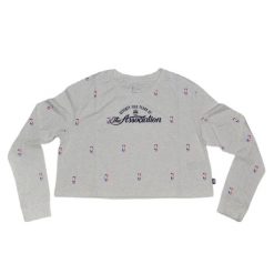 Bluza damska Nike NBA N31 Courtside Longsleeve Crop T-shirt Birch Heather. Czarne bluzy damskie Nike, bez wzorów, bez ramiączek, bez kaptura. Za 107.00 zł.