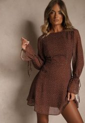 Brązowa Sukienka Vices Ozdobiona Transparentnymi Rękawami i Kropkami Celziva. Brązowe sukienki damskie Renee, na co dzień, l, bez wzorów, z koronki, eleganckie, bez kołnierzyka, bez ramiączek, mini, dopasowane. Za 109.99 zł.