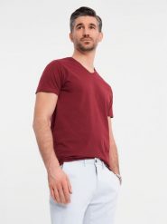 Bawełniana klasyczna męska koszulka z dekoltem w serek BASIC – bordowa V10 OM-TSBS-0237 - XXL. Czerwone t-shirty męskie Ombre Clothing, l, bez wzorów, z bawełny, bez kołnierzyka, bez ramiączek. W wyprzedaży za 39.99 zł.
