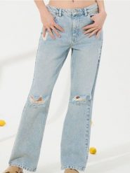 Jeansy wide leg z przetarciami - niebieski. Niebieskie jeansy damskie Sinsay, bez wzorów, z jeansu. W wyprzedaży za 35.99 zł.