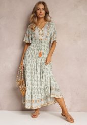Miętowa Sukienka Maxi z Krótkim Rękawem i Gumką w Talii Emaya. Zielone sukienki damskie Renee, s, bez wzorów, z tkaniny, boho, bez kołnierzyka, bez ramiączek, maxi. Za 49.99 zł.
