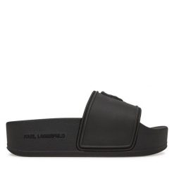 Klapki KARL LAGERFELD. Czarne klapki damskie KARL LAGERFELD, bez wzorów, bez obcasa, bez zapięcia. Za 289.99 zł.